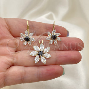 Oro Laminado Earring and Pendant Adult Set, Gold Filled Style Flower Design, with White Cubic Zirconia, Polished, Golden Finish, 5.056.001
