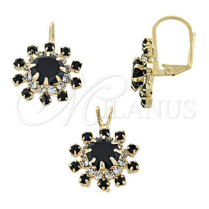 Oro Laminado Earring and Pendant Adult Set, Gold Filled Style Flower Design, with Black and White Cubic Zirconia, Polished, Golden Finish, 5.057.001