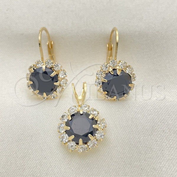 Oro Laminado Earring and Pendant Adult Set, Gold Filled Style Flower Design, with Black and White Cubic Zirconia, Polished, Golden Finish, 5.057.009