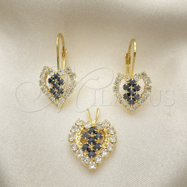 Oro Laminado Earring and Pendant Adult Set, Gold Filled Style Heart Design, with White Cubic Zirconia, Polished, Golden Finish, 5.056.009
