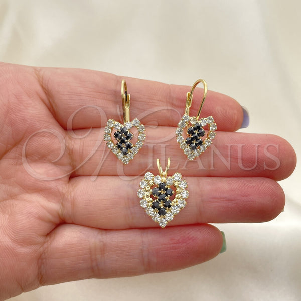 Oro Laminado Earring and Pendant Adult Set, Gold Filled Style Heart Design, with White Cubic Zirconia, Polished, Golden Finish, 5.056.009