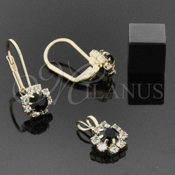 Oro Laminado Earring and Pendant Adult Set, Gold Filled Style Flower Design, with White Cubic Zirconia, Polished, Golden Finish, 5.058.009