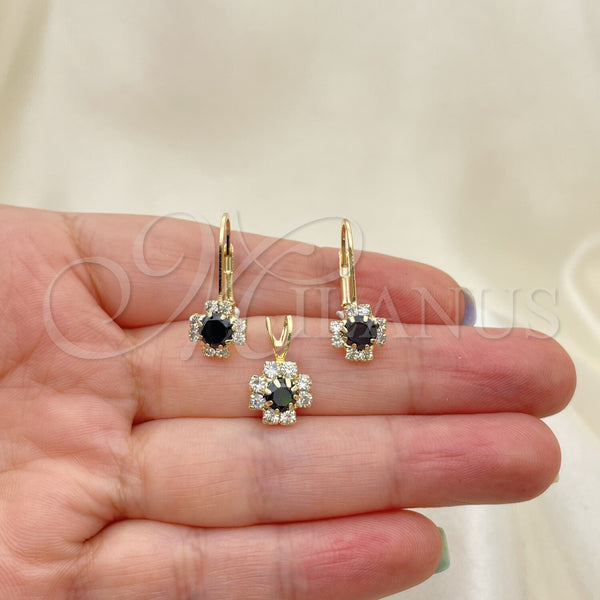 Oro Laminado Earring and Pendant Adult Set, Gold Filled Style Flower Design, with White Cubic Zirconia, Polished, Golden Finish, 5.058.009