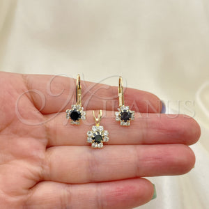 Oro Laminado Earring and Pendant Adult Set, Gold Filled Style Flower Design, with White Cubic Zirconia, Polished, Golden Finish, 5.058.009