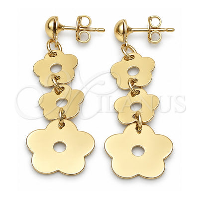 Oro Laminado Long Earring, Gold Filled Style Flower Design, Polished, Golden Finish, 88.017