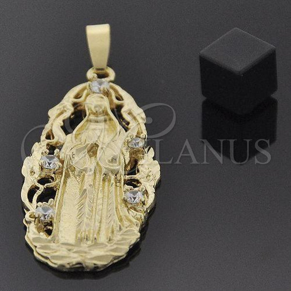 Oro Laminado Religious Pendant, Gold Filled Style Guadalupe Design, with White Cubic Zirconia, Diamond Cutting Finish, Golden Finish, 5.185.009