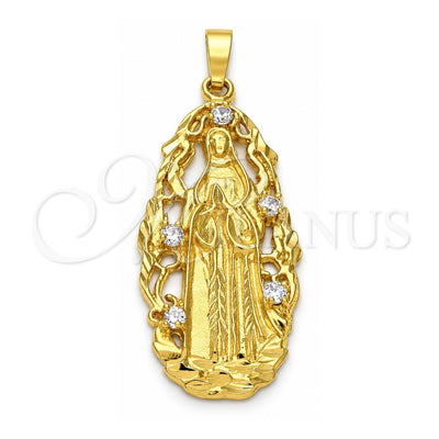 Oro Laminado Religious Pendant, Gold Filled Style Guadalupe Design, with White Cubic Zirconia, Diamond Cutting Finish, Golden Finish, 5.185.009
