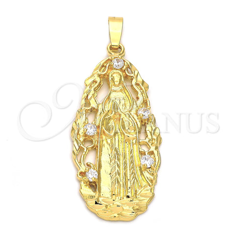Oro Laminado Religious Pendant, Gold Filled Style Guadalupe Design, with White Cubic Zirconia, Diamond Cutting Finish, Golden Finish, 5.185.009
