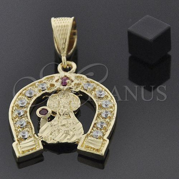 Oro Laminado Religious Pendant, Gold Filled Style Santa Barbara Design, with Ruby and White Cubic Zirconia, Polished, Golden Finish, 5.187.011