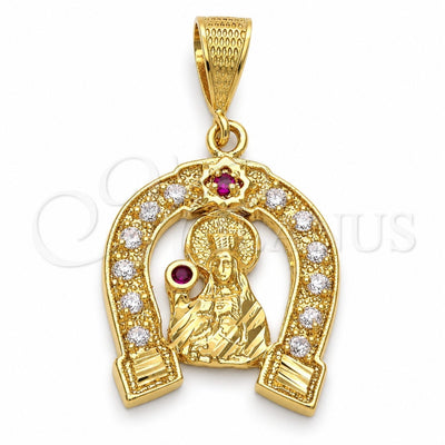 Oro Laminado Religious Pendant, Gold Filled Style Santa Barbara Design, with Ruby and White Cubic Zirconia, Polished, Golden Finish, 5.187.011