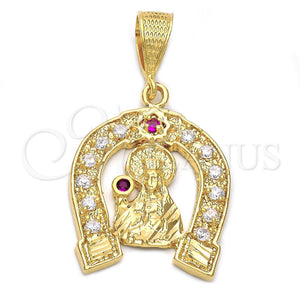 Oro Laminado Religious Pendant, Gold Filled Style Santa Barbara Design, with Ruby and White Cubic Zirconia, Polished, Golden Finish, 5.187.011