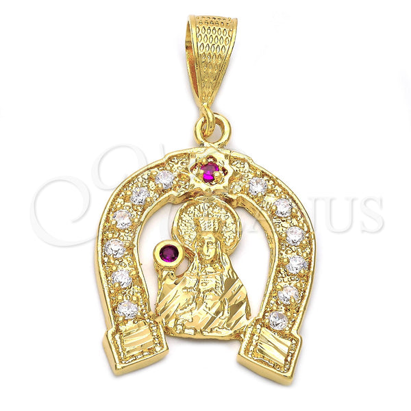 Oro Laminado Religious Pendant, Gold Filled Style Santa Barbara Design, with Ruby and White Cubic Zirconia, Polished, Golden Finish, 5.187.011