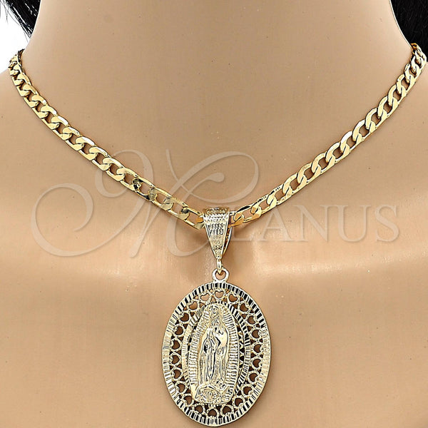 Oro Laminado Religious Pendant, Gold Filled Style Guadalupe Design, Diamond Cutting Finish, Golden Finish, 5.185.010