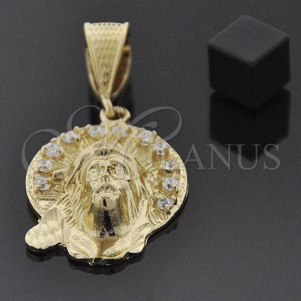 Oro Laminado Religious Pendant, Gold Filled Style Jesus Design, with White Cubic Zirconia, Polished, Golden Finish, 5.187.003