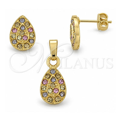 Oro Laminado Earring and Pendant Adult Set, Gold Filled Style Teardrop Design, with Multicolor Crystal, Polished, Golden Finish, 10.164.0016.1