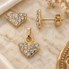 Oro Laminado Earring and Pendant Adult Set, Gold Filled Style Heart Design, with White Crystal, Polished, Golden Finish, 10.164.0019