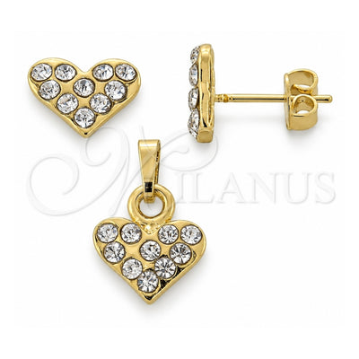Oro Laminado Earring and Pendant Adult Set, Gold Filled Style Heart Design, with White Crystal, Polished, Golden Finish, 10.164.0019