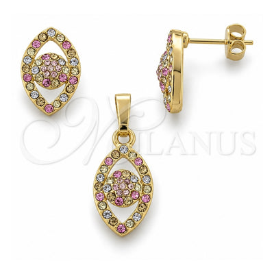 Oro Laminado Earring and Pendant Adult Set, Gold Filled Style Teardrop Design, with Multicolor Crystal, Polished, Golden Finish, 10.164.0012.1