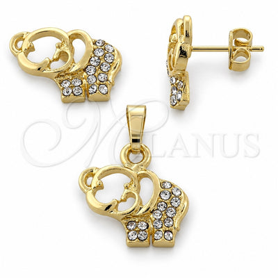 Oro Laminado Earring and Pendant Adult Set, Gold Filled Style Elephant Design, with White Crystal, Polished, Golden Finish, 10.164.0008