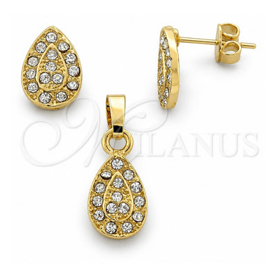 Oro Laminado Earring and Pendant Adult Set, Gold Filled Style Teardrop Design, with White Crystal, Polished, Golden Finish, 10.164.0016
