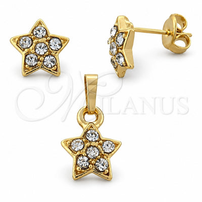 Oro Laminado Earring and Pendant Adult Set, Gold Filled Style Star Design, with White Crystal, Polished, Golden Finish, 10.164.0018
