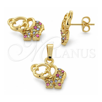 Oro Laminado Earring and Pendant Adult Set, Gold Filled Style Elephant Design, with Multicolor Crystal, Polished, Golden Finish, 10.164.0008.1
