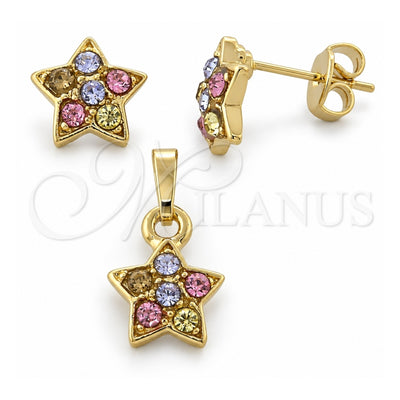 Oro Laminado Earring and Pendant Adult Set, Gold Filled Style Star Design, with Multicolor Crystal, Polished, Golden Finish, 10.164.0018.1