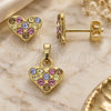 Oro Laminado Earring and Pendant Adult Set, Gold Filled Style Heart Design, with Multicolor Crystal, Polished, Golden Finish, 10.164.0019.1