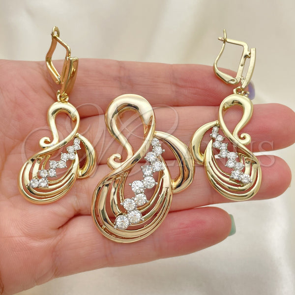 Oro Laminado Earring and Pendant Adult Set, Gold Filled Style with White Cubic Zirconia, Polished, Golden Finish, 10.91.0211
