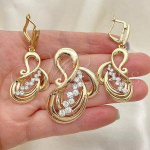 Oro Laminado Earring and Pendant Adult Set, Gold Filled Style with White Cubic Zirconia, Polished, Golden Finish, 10.91.0211