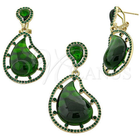 Oro Laminado Earring and Pendant Adult Set, Gold Filled Style Teardrop Design, with Green Opal and Green Crystal, Polished, Golden Finish, 10.91.0216.1