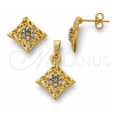 Oro Laminado Earring and Pendant Adult Set, Gold Filled Style Flower Design, with White Crystal, Polished, Golden Finish, 10.164.0014