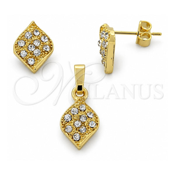 Oro Laminado Earring and Pendant Adult Set, Gold Filled Style Leaf Design, with White Crystal, Polished, Golden Finish, 10.164.0028