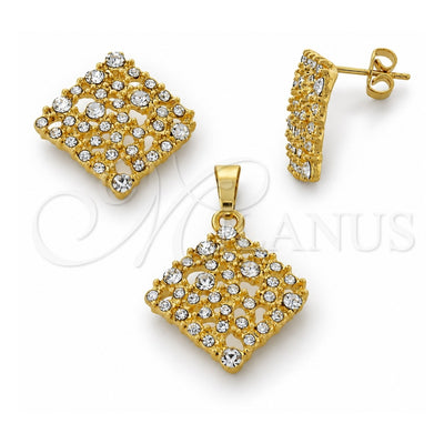 Oro Laminado Earring and Pendant Adult Set, Gold Filled Style with White Crystal, Matte Finish, Golden Finish, 10.164.0001
