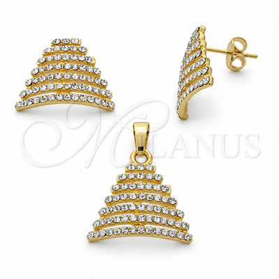 Oro Laminado Earring and Pendant Adult Set, Gold Filled Style with White Crystal, Polished, Golden Finish, 10.164.0004