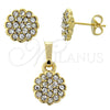 Oro Laminado Earring and Pendant Adult Set, Gold Filled Style Flower Design, with White Crystal, Polished, Golden Finish, 10.164.0022
