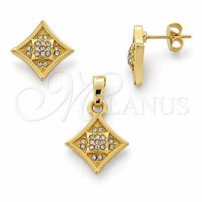 Oro Laminado Earring and Pendant Adult Set, Gold Filled Style Flower Design, with White Crystal, Polished, Golden Finish, 10.164.0015