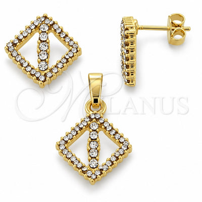 Oro Laminado Earring and Pendant Adult Set, Gold Filled Style with White Crystal, Polished, Golden Finish, 10.164.0011