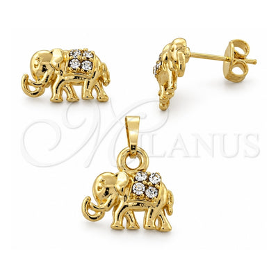 Oro Laminado Earring and Pendant Adult Set, Gold Filled Style Elephant Design, with White Crystal, Polished, Golden Finish, 10.164.0006