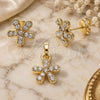Oro Laminado Earring and Pendant Adult Set, Gold Filled Style Flower Design, with White Crystal, Polished, Golden Finish, 10.164.0025