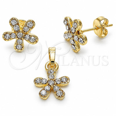Oro Laminado Earring and Pendant Adult Set, Gold Filled Style Flower Design, with White Crystal, Polished, Golden Finish, 10.164.0025