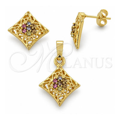 Oro Laminado Earring and Pendant Adult Set, Gold Filled Style Flower Design, with Multicolor Crystal, Polished, Golden Finish, 10.164.0014.1