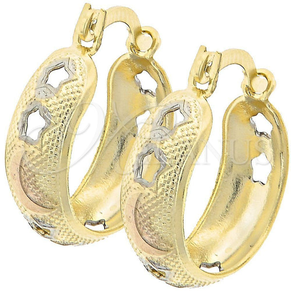 Oro Laminado Small Hoop, Gold Filled Style Star and Moon Design, Diamond Cutting Finish, Tricolor, 110.032