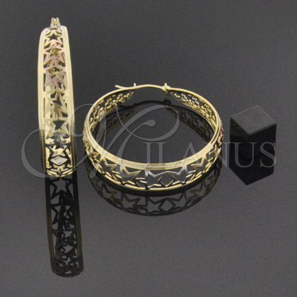 Oro Laminado Medium Hoop, Gold Filled Style Star and Filigree Design, Polished, Tricolor, 106.007
