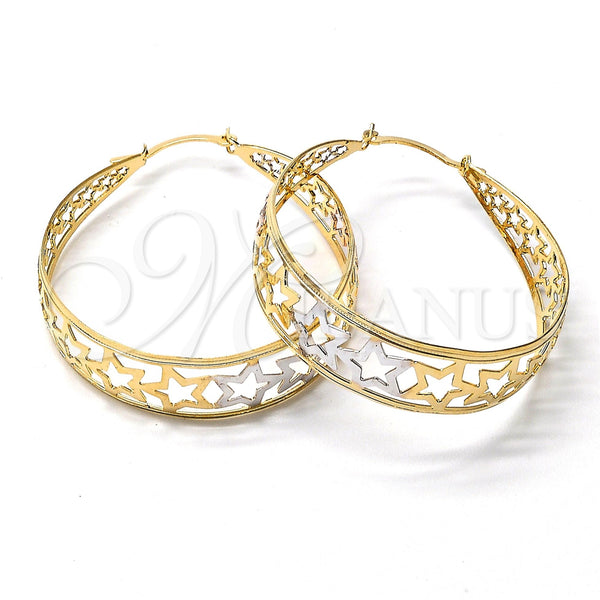 Oro Laminado Medium Hoop, Gold Filled Style Star and Filigree Design, Polished, Tricolor, 106.007