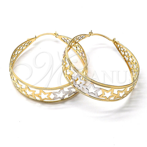 Oro Laminado Medium Hoop, Gold Filled Style Star and Filigree Design, Polished, Tricolor, 106.007