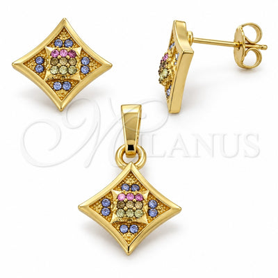 Oro Laminado Earring and Pendant Adult Set, Gold Filled Style Flower Design, with Multicolor Crystal, Polished, Golden Finish, 10.164.0015.1