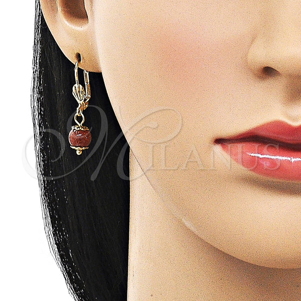 Oro Laminado Dangle Earring, Gold Filled Style Ball Design, with Brown Goldstone Venturina, Polished, Golden Finish, 5.123.010