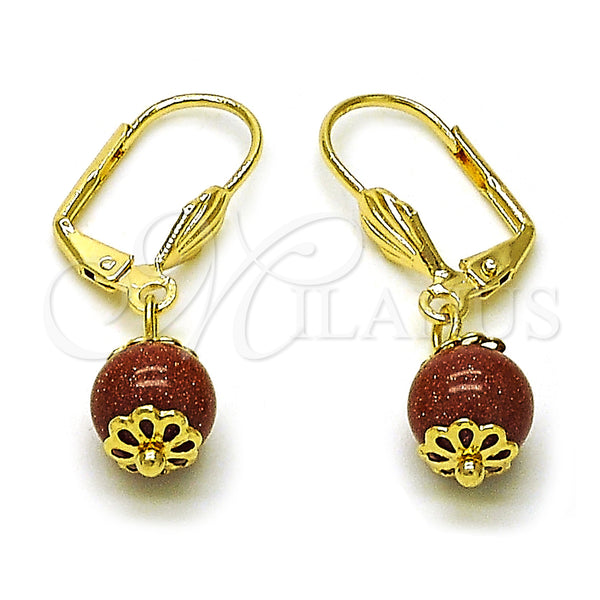 Oro Laminado Dangle Earring, Gold Filled Style Ball Design, with Brown Goldstone Venturina, Polished, Golden Finish, 5.123.010