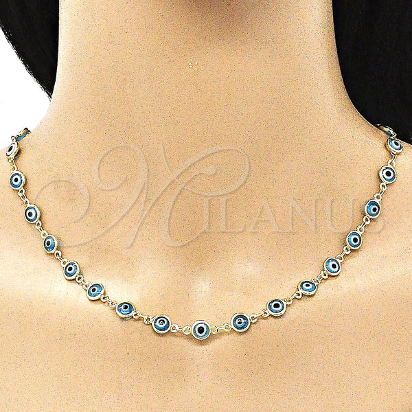 Oro Laminado Necklace and Bracelet, Gold Filled Style Evil Eye Design, Azul claro Resin Finish, Golden Finish, 06.63.0008